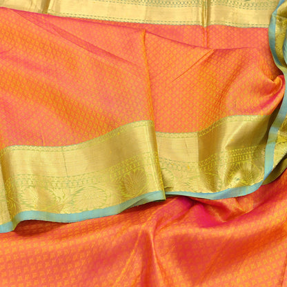 Indian Vintage Heavy Sari Green & Orange Kanjivaram Saree 100% Pure Silk Zari 5Yd Crafting Dress making For Crafting Quilting Upcycle