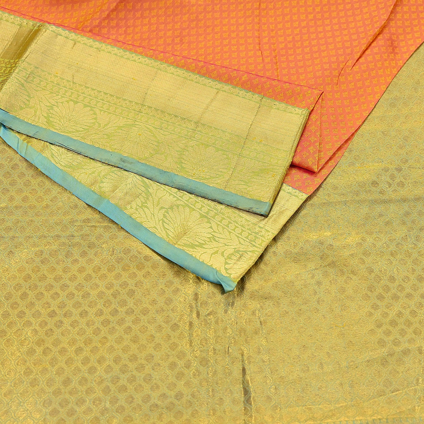Indian Vintage Heavy Sari Green & Orange Kanjivaram Saree 100% Pure Silk Zari 5Yd Crafting Dress making For Crafting Quilting Upcycle