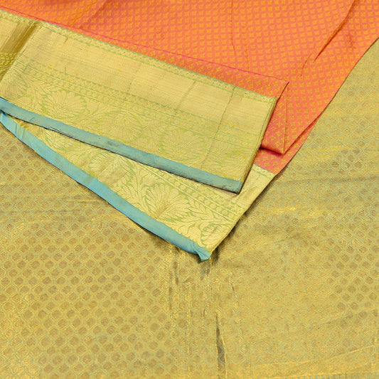 Indian Vintage Heavy Sari Green & Orange Kanjivaram Saree 100% Pure Silk Zari 5Yd Crafting Dress making For Crafting Quilting Upcycle