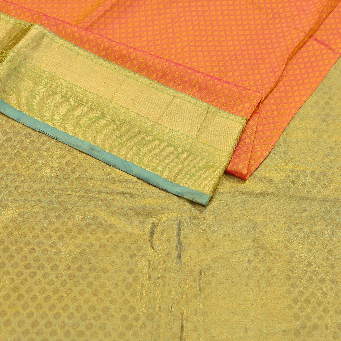 Indian Vintage Heavy Sari Green & Orange Kanjivaram Saree 100% Pure Silk Zari 5Yd Crafting Dress making For Crafting Quilting Upcycle
