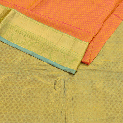 Indian Vintage Heavy Sari Green & Orange Kanjivaram Saree 100% Pure Silk Zari 5Yd Crafting Dress making For Crafting Quilting Upcycle