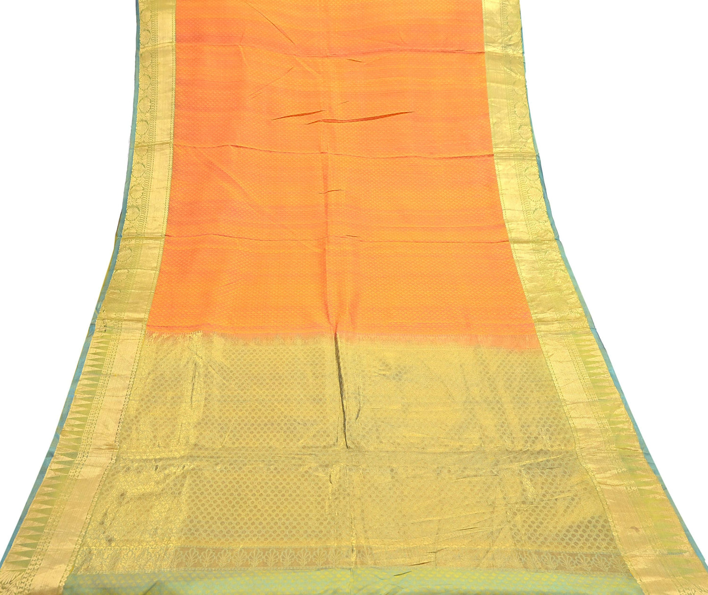Indian Vintage Heavy Sari Green & Orange Kanjivaram Saree 100% Pure Silk Zari 5Yd Crafting Dress making For Crafting Quilting Upcycle