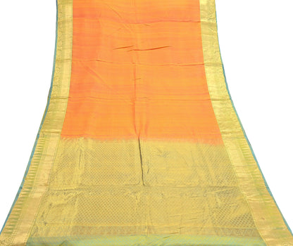 Indian Vintage Heavy Sari Green & Orange Kanjivaram Saree 100% Pure Silk Zari 5Yd Crafting Dress making For Crafting Quilting Upcycle