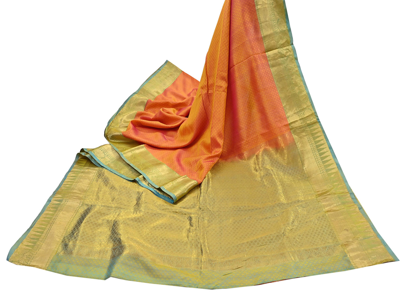 Indian Vintage Heavy Sari Green & Orange Kanjivaram Saree 100% Pure Silk Zari 5Yd Crafting Dress making For Crafting Quilting Upcycle
