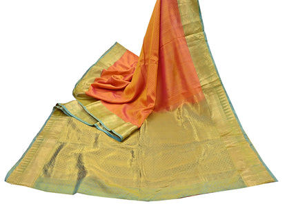 Indian Vintage Heavy Sari Green & Orange Kanjivaram Saree 100% Pure Silk Zari 5Yd Crafting Dress making For Crafting Quilting Upcycle