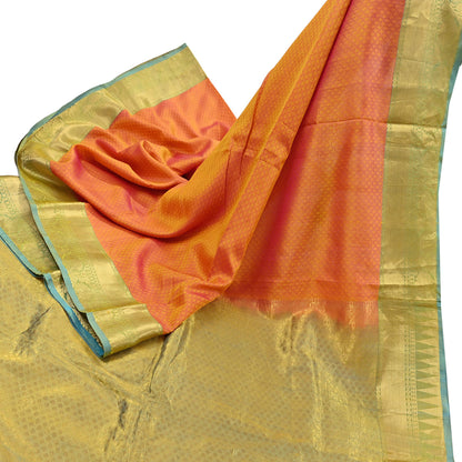 Indian Vintage Heavy Sari Green & Orange Kanjivaram Saree 100% Pure Silk Zari 5Yd Crafting Dress making For Crafting Quilting Upcycle