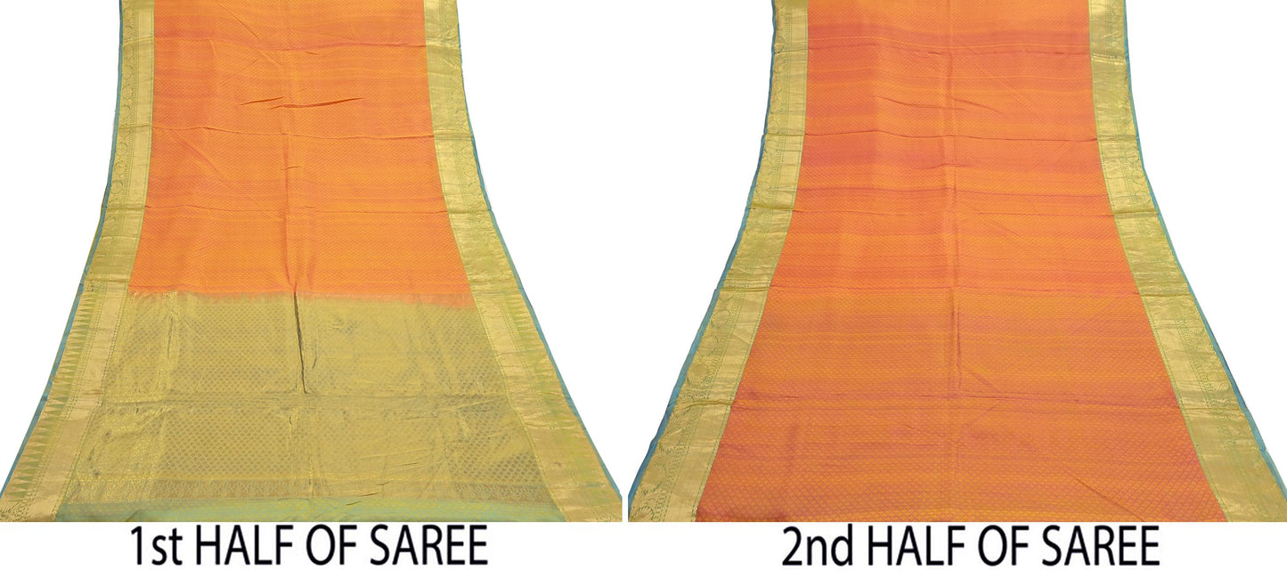 Indian Vintage Heavy Sari Green & Orange Kanjivaram Saree 100% Pure Silk Zari 5Yd Crafting Dress making For Crafting Quilting Upcycle
