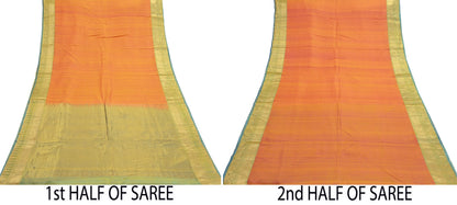 Indian Vintage Heavy Sari Green & Orange Kanjivaram Saree 100% Pure Silk Zari 5Yd Crafting Dress making For Crafting Quilting Upcycle