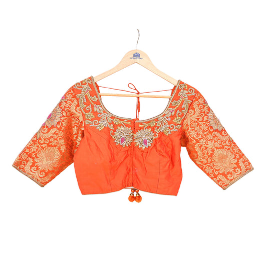 Indian Pre-owned Orange Pure silk Hand Woven Banarasi Brocade By Designer manish malhotra Padded Blouse/Top/Crop M Size Party wear Bollywood
