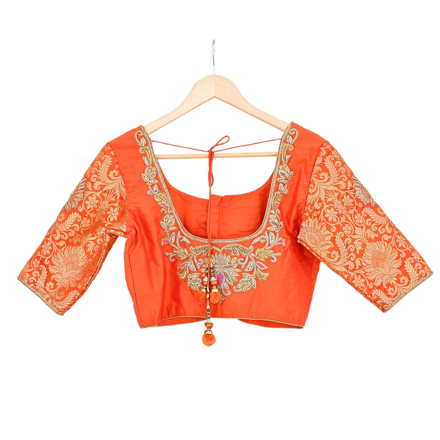 Indian Pre-owned Orange Pure silk Hand Woven Banarasi Brocade By Designer manish malhotra Padded Blouse/Top/Crop M Size Party wear Bollywood