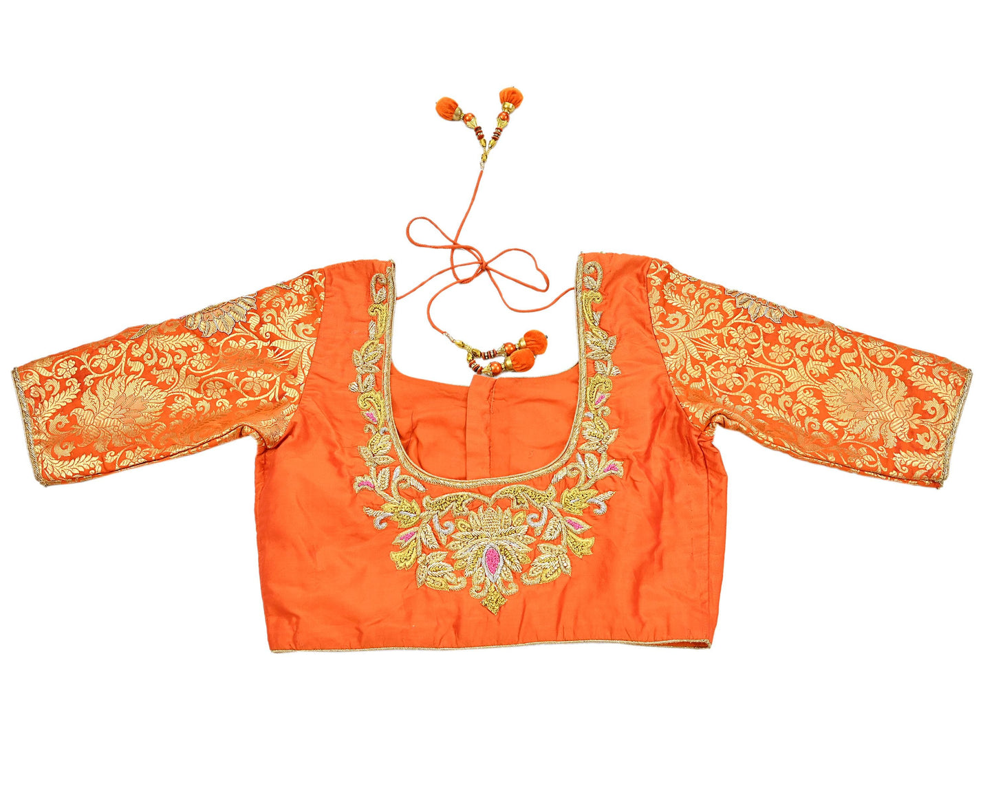 Indian Pre-owned Orange Pure silk Hand Woven Banarasi Brocade By Designer manish malhotra Padded Blouse/Top/Crop M Size Party wear Bollywood
