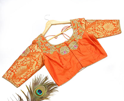 Indian Pre-owned Orange Pure silk Hand Woven Banarasi Brocade By Designer manish malhotra Padded Blouse/Top/Crop M Size Party wear Bollywood