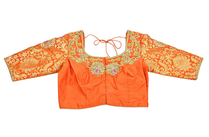 Indian Pre-owned Orange Pure silk Hand Woven Banarasi Brocade By Designer manish malhotra Padded Blouse/Top/Crop M Size Party wear Bollywood
