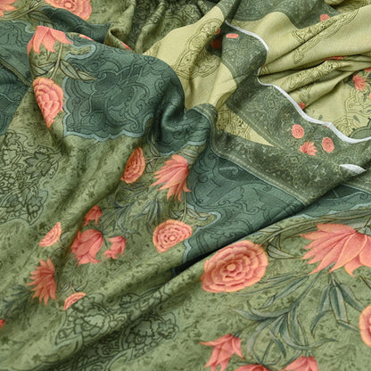 Indian Vintage Sari Green Blend Silk Woven Digital Printed Saree Craft Fabric 5yd Soft Dress Designing Crafting Quilting