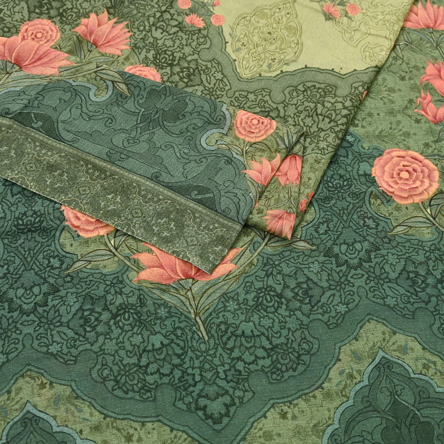 Indian Vintage Sari Green Blend Silk Woven Digital Printed Saree Craft Fabric 5yd Soft Dress Designing Crafting Quilting