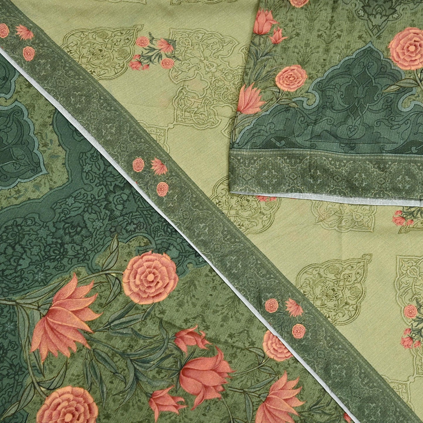 Indian Vintage Sari Green Blend Silk Woven Digital Printed Saree Craft Fabric 5yd Soft Dress Designing Crafting Quilting