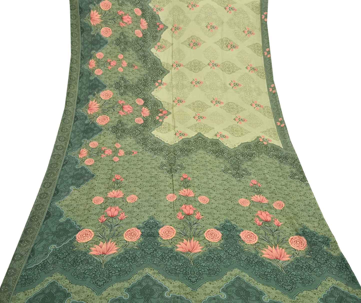 Indian Vintage Sari Green Blend Silk Woven Digital Printed Saree Craft Fabric 5yd Soft Dress Designing Crafting Quilting