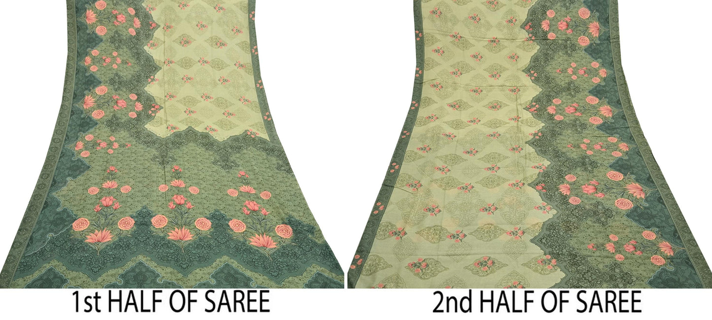 Indian Vintage Sari Green Blend Silk Woven Digital Printed Saree Craft Fabric 5yd Soft Dress Designing Crafting Quilting