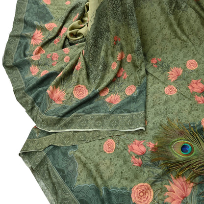 Indian Vintage Sari Green Blend Silk Woven Digital Printed Saree Craft Fabric 5yd Soft Dress Designing Crafting Quilting