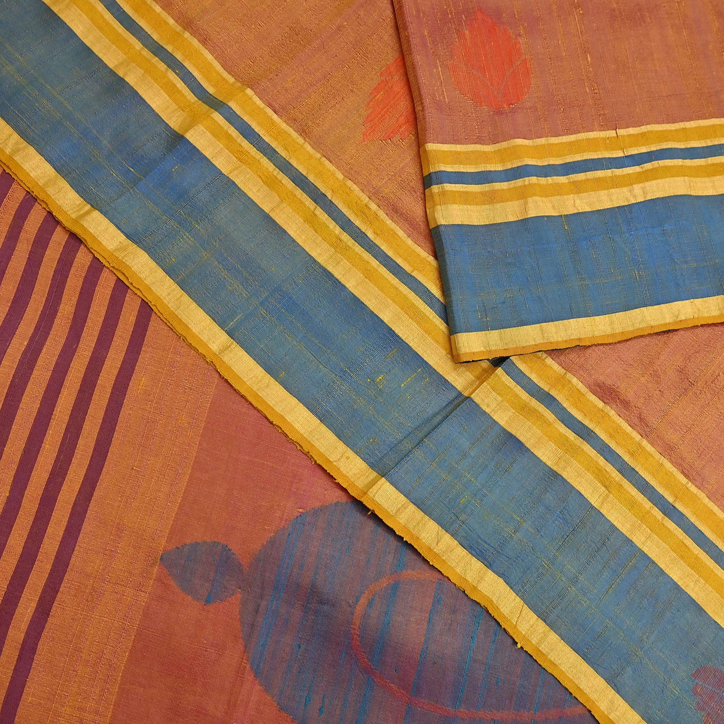 Indian Vintage Sari Saffron & purple 100% Pure Silk Hand Woven Sarees Craft Fabric 5Yd Ethnic Sewing Dress making Crafting Quilting Upcycle