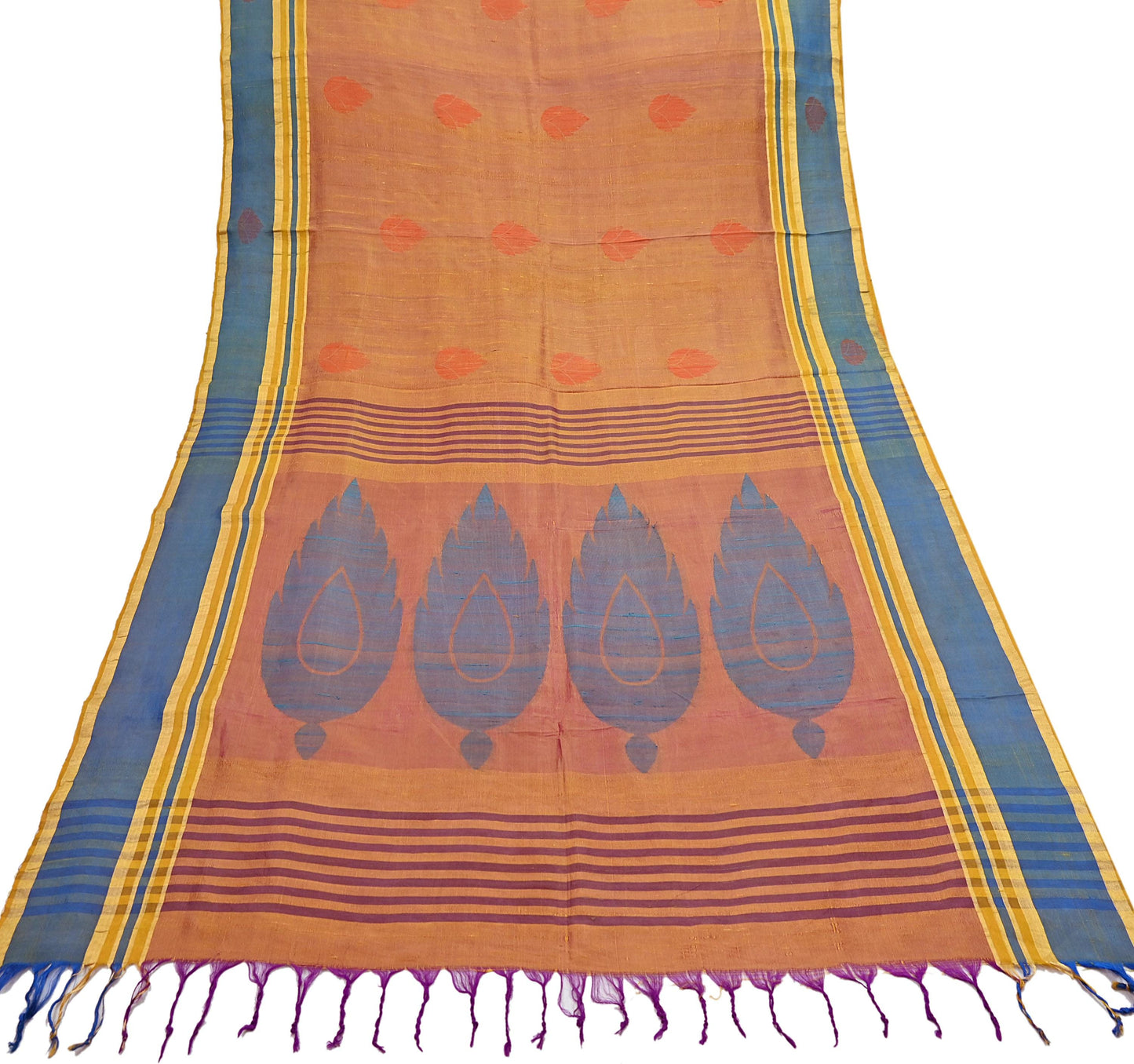 Indian Vintage Sari Saffron & purple 100% Pure Silk Hand Woven Sarees Craft Fabric 5Yd Ethnic Sewing Dress making Crafting Quilting Upcycle