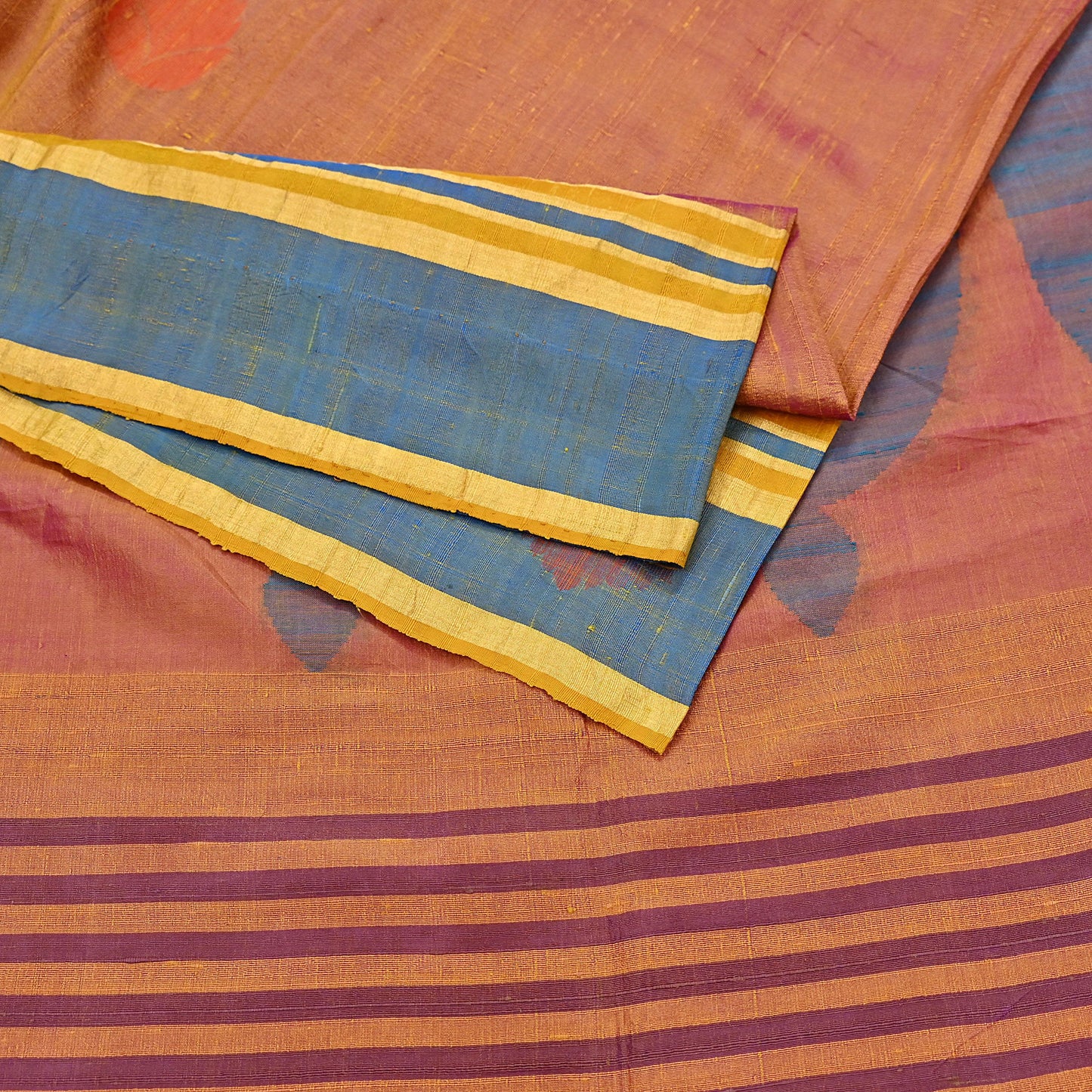 Indian Vintage Sari Saffron & purple 100% Pure Silk Hand Woven Sarees Craft Fabric 5Yd Ethnic Sewing Dress making Crafting Quilting Upcycle