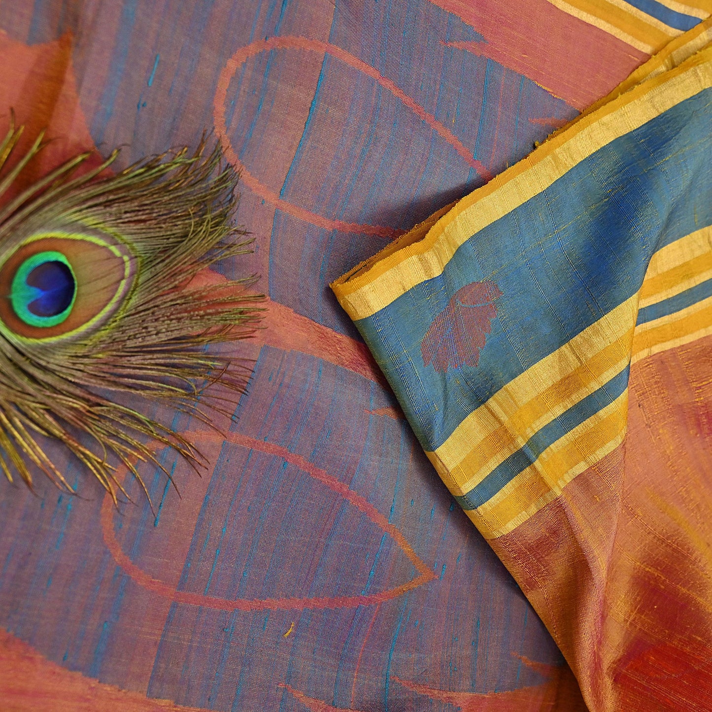 Indian Vintage Sari Saffron & purple 100% Pure Silk Hand Woven Sarees Craft Fabric 5Yd Ethnic Sewing Dress making Crafting Quilting Upcycle