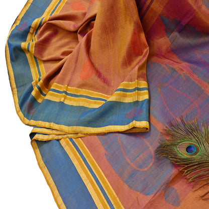 Indian Vintage Sari Saffron & purple 100% Pure Silk Hand Woven Sarees Craft Fabric 5Yd Ethnic Sewing Dress making Crafting Quilting Upcycle