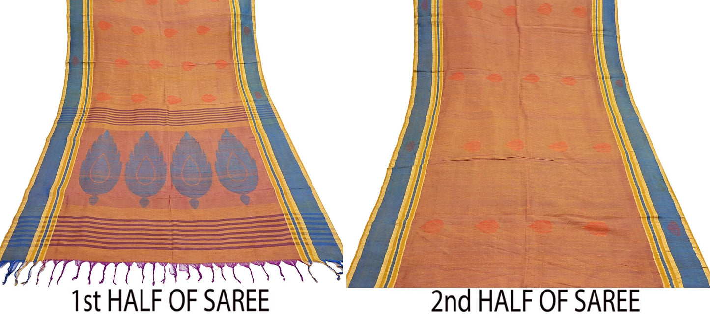 Indian Vintage Sari Saffron & purple 100% Pure Silk Hand Woven Sarees Craft Fabric 5Yd Ethnic Sewing Dress making Crafting Quilting Upcycle