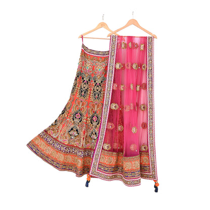 Indian Heavy Wedding Orange pink Net Hand Embroidered Lehenga 2pcs Set Designer By Manish Malhotra Party Wear