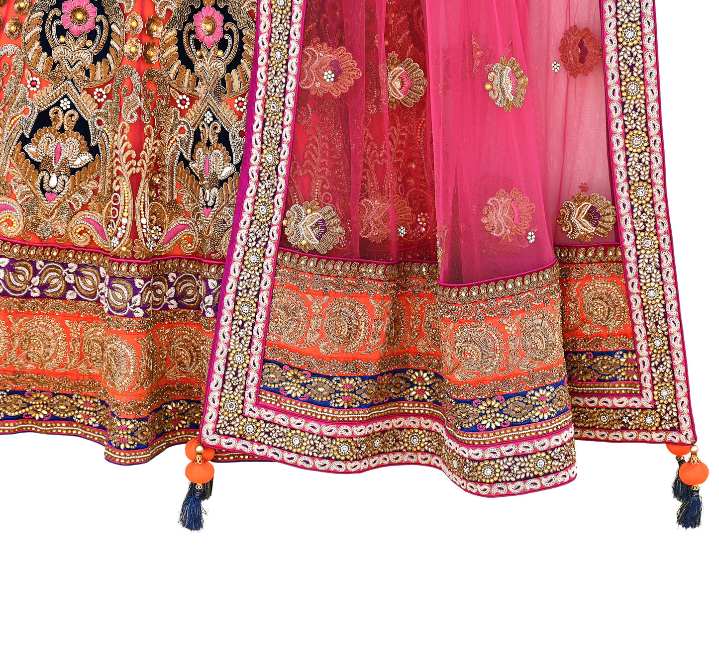 Indian Heavy Wedding Orange pink Net Hand Embroidered Lehenga 2pcs Set Designer By Manish Malhotra Party Wear