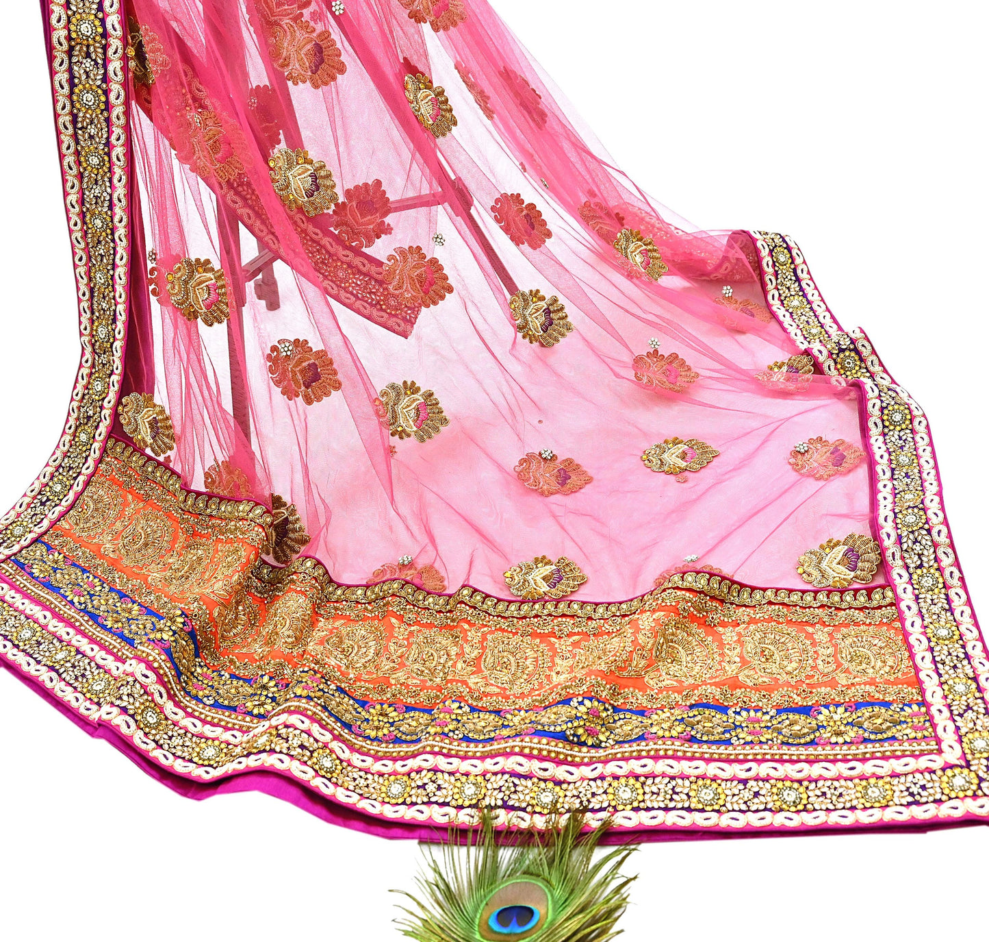 Indian Heavy Wedding Orange pink Net Hand Embroidered Lehenga 2pcs Set Designer By Manish Malhotra Party Wear
