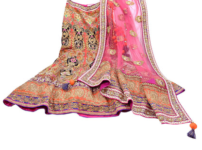 Indian Heavy Wedding Orange pink Net Hand Embroidered Lehenga 2pcs Set Designer By Manish Malhotra Party Wear