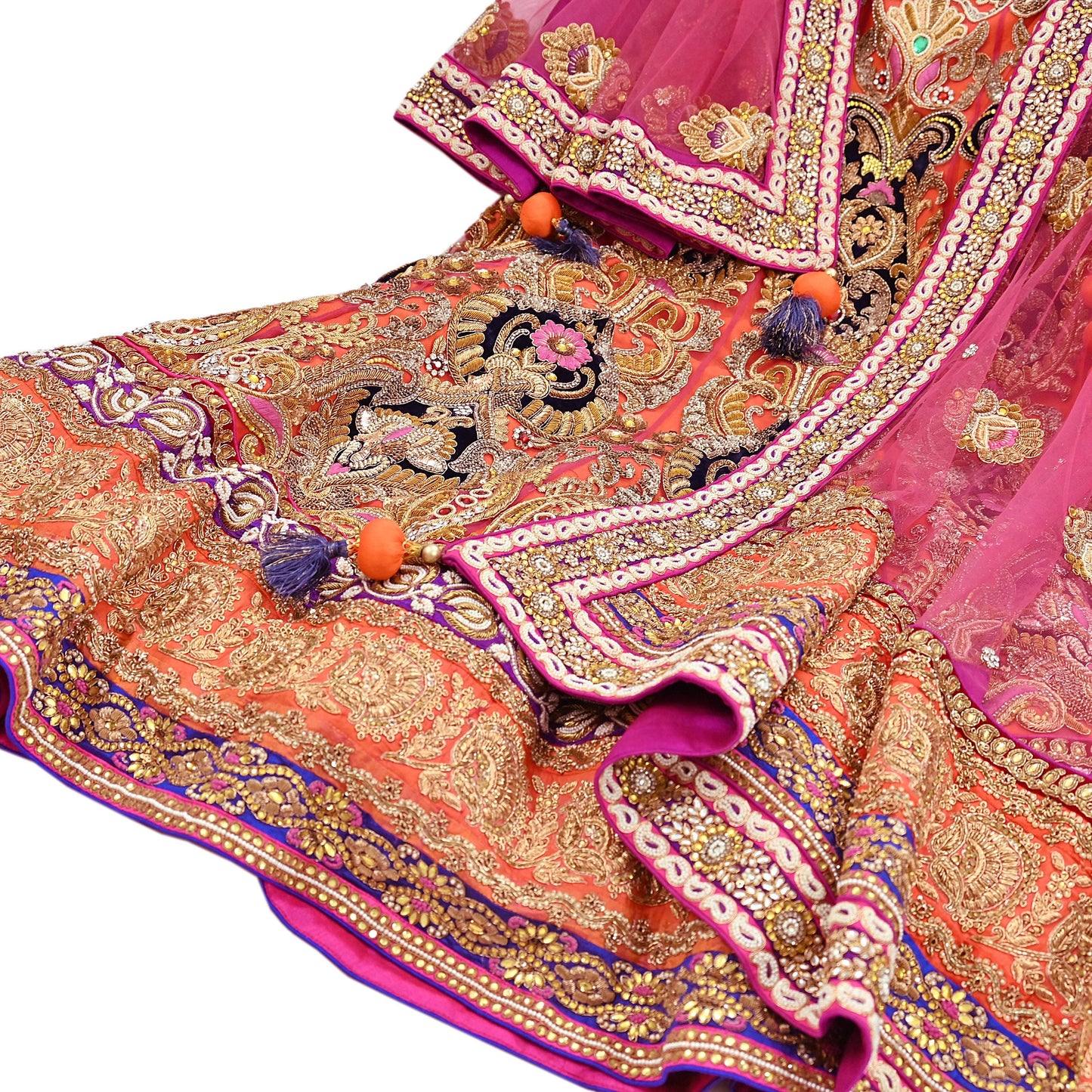Indian Heavy Wedding Orange pink Net Hand Embroidered Lehenga 2pcs Set Designer By Manish Malhotra Party Wear