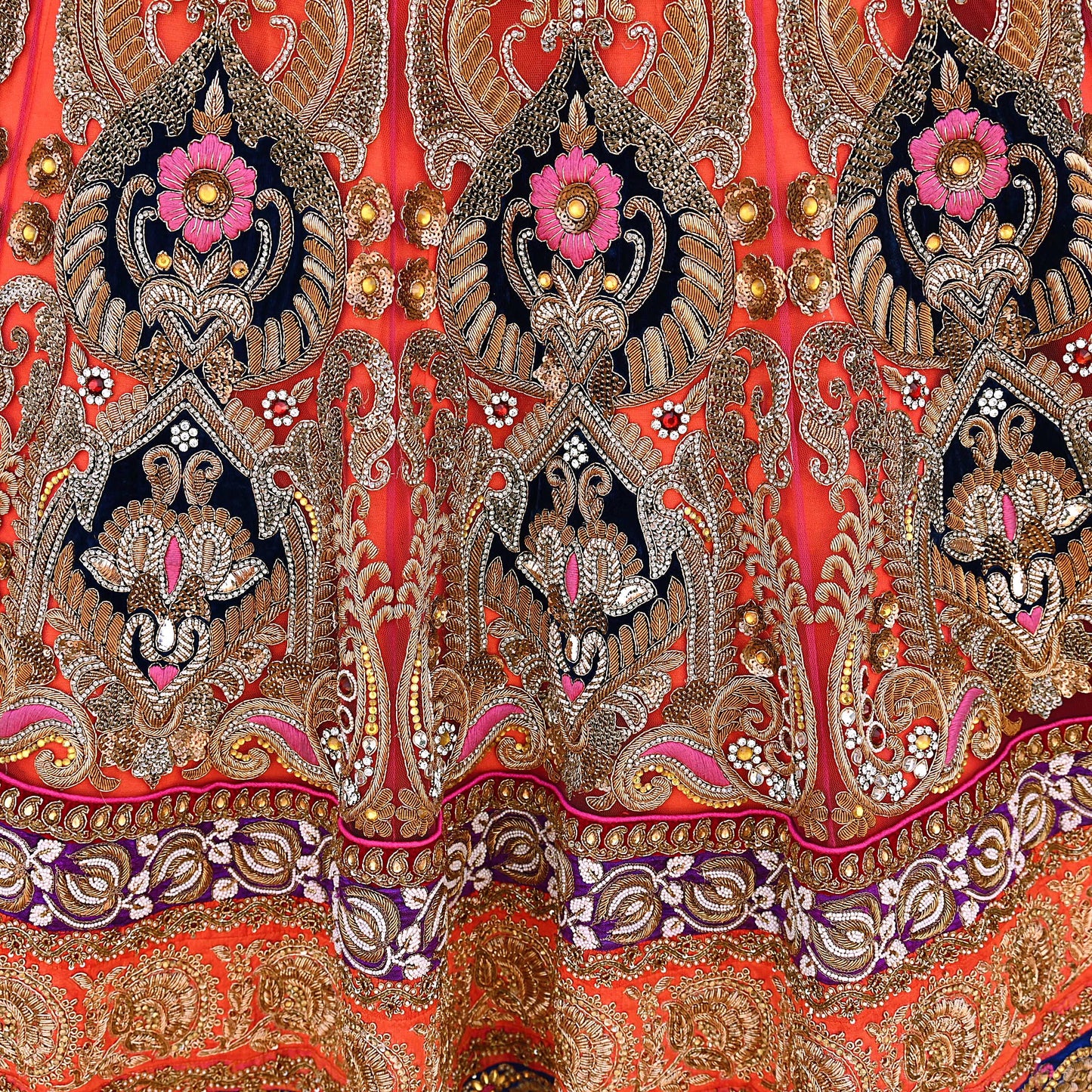 Indian Heavy Wedding Orange Net/Mesh Hand Embroidered Lehenga/Skirt Designer By Manish Malhotra Bridal Wear Zardozi/ Dabka