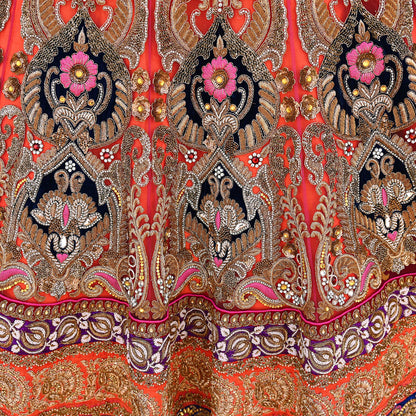 Indian Heavy Wedding Orange Net/Mesh Hand Embroidered Lehenga/Skirt Designer By Manish Malhotra Bridal Wear Zardozi/ Dabka