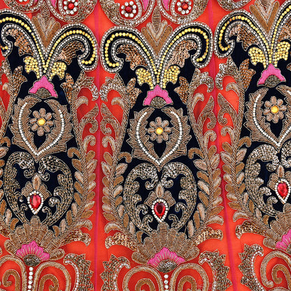 Indian Heavy Wedding Orange Net/Mesh Hand Embroidered Lehenga/Skirt Designer By Manish Malhotra Bridal Wear Zardozi/ Dabka