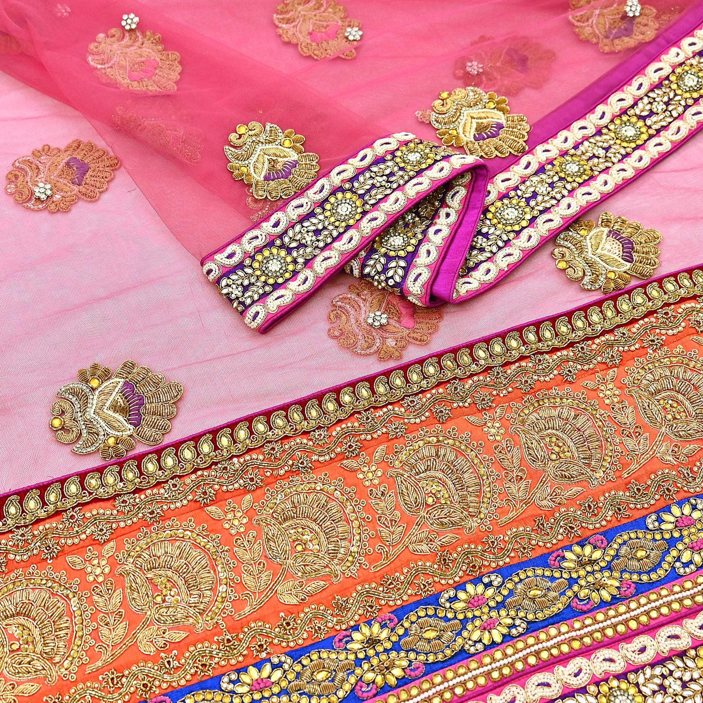 Indian Vintage Heavy Wedding pink Net/Mesh/ Velvet Hand Embroidered Dupatta Designer By Manish Malhotra Bridal Wear Zardozi Veil Hijab