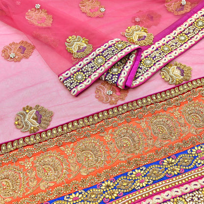 Indian Vintage Heavy Wedding pink Net/Mesh/ Velvet Hand Embroidered Dupatta Designer By Manish Malhotra Bridal Wear Zardozi Veil Hijab