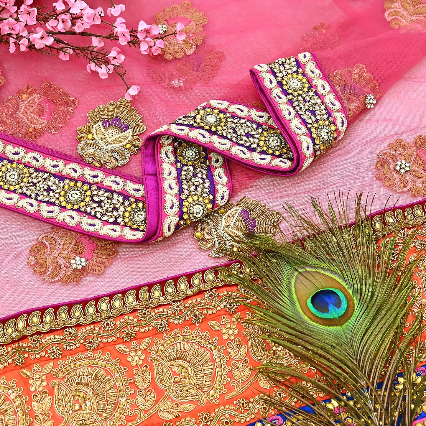 Indian Vintage Heavy Wedding pink Net/Mesh/ Velvet Hand Embroidered Dupatta Designer By Manish Malhotra Bridal Wear Zardozi Veil Hijab