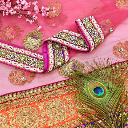 Indian Vintage Heavy Wedding pink Net/Mesh/ Velvet Hand Embroidered Dupatta Designer By Manish Malhotra Bridal Wear Zardozi Veil Hijab