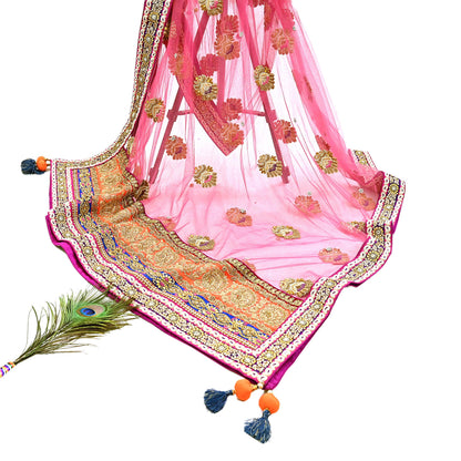 Indian Vintage Heavy Wedding pink Net/Mesh/ Velvet Hand Embroidered Dupatta Designer By Manish Malhotra Bridal Wear Zardozi Veil Hijab