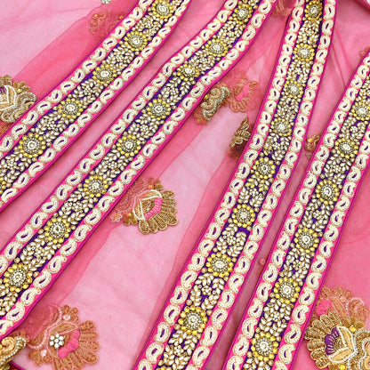 Indian Vintage Heavy Wedding pink Net/Mesh/ Velvet Hand Embroidered Dupatta Designer By Manish Malhotra Bridal Wear Zardozi Veil Hijab