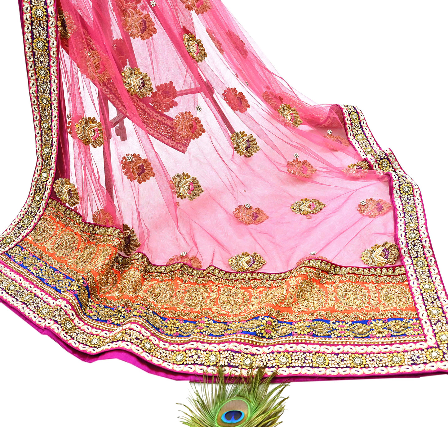 Indian Vintage Heavy Wedding pink Net/Mesh/ Velvet Hand Embroidered Dupatta Designer By Manish Malhotra Bridal Wear Zardozi Veil Hijab