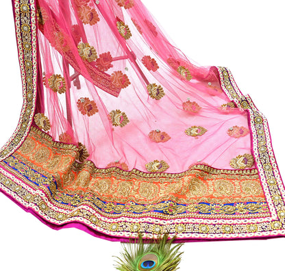 Indian Vintage Heavy Wedding pink Net/Mesh/ Velvet Hand Embroidered Dupatta Designer By Manish Malhotra Bridal Wear Zardozi Veil Hijab