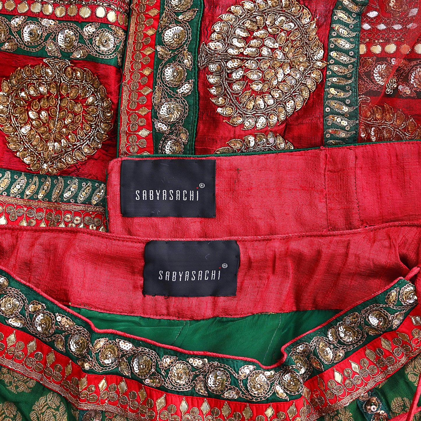 Indian Heavy Red & Green Pure Georgette Silk/Net Hand Embroidered Lehenga 2pcs Set By Designer Sabyasachi Bridal Wear