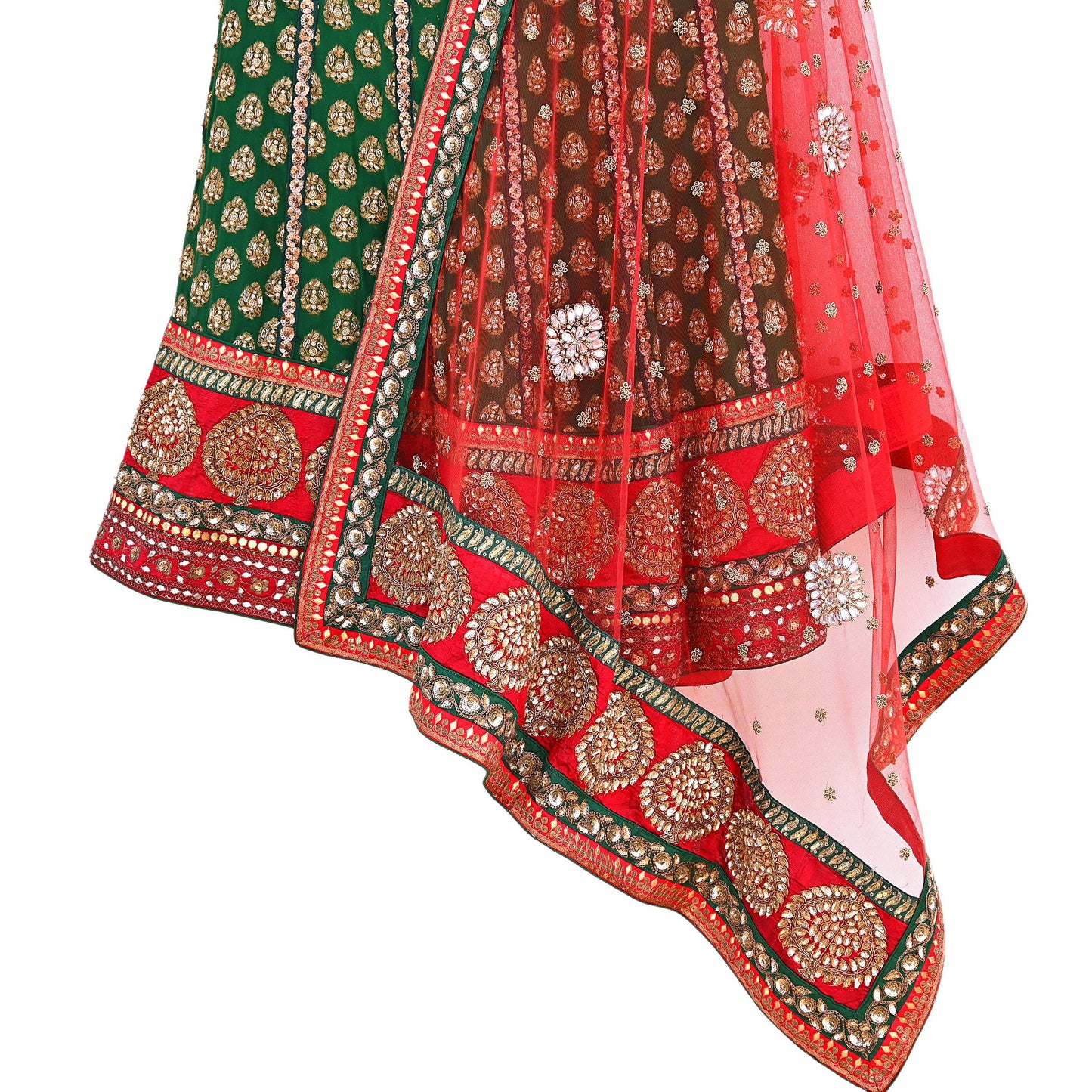 Indian Heavy Red & Green Pure Georgette Silk/Net Hand Embroidered Lehenga 2pcs Set By Designer Sabyasachi Bridal Wear