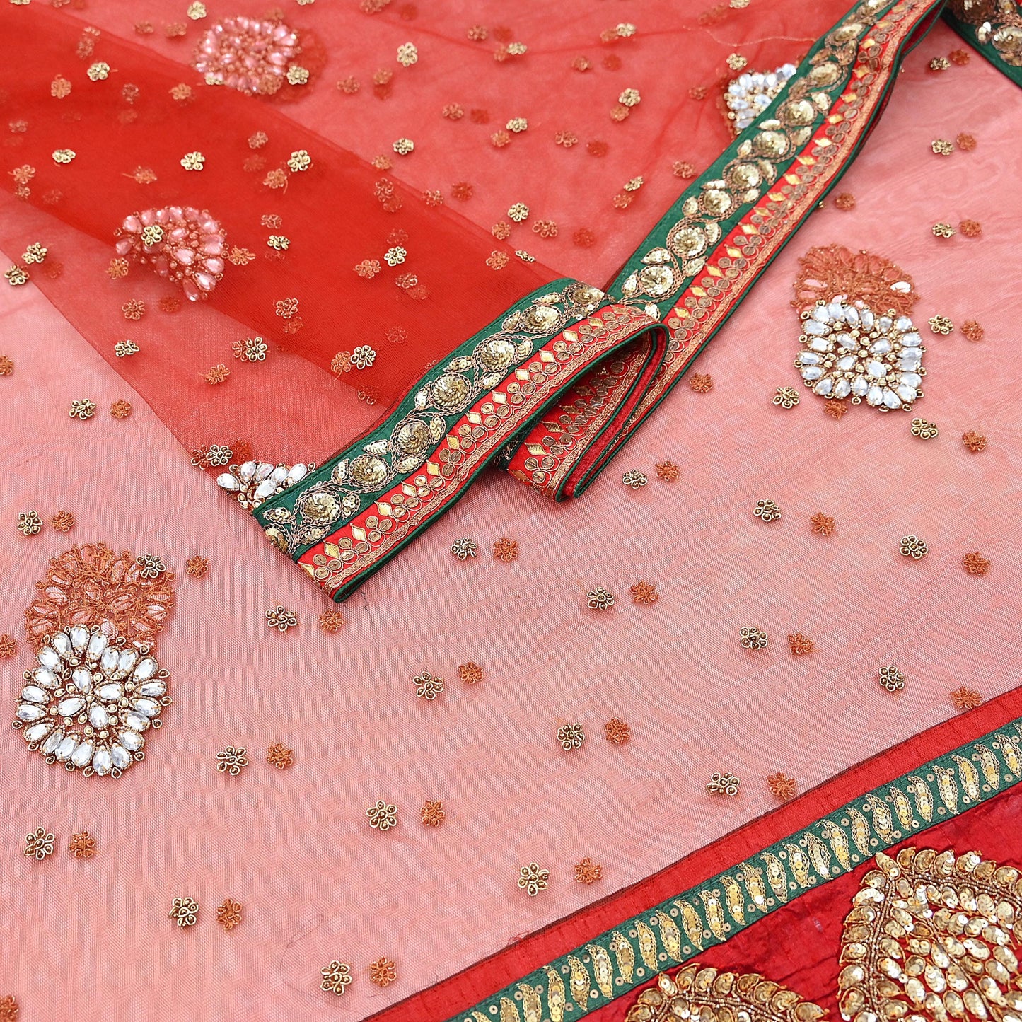 Indian Heavy Wedding Dupatta Red Net Long Stole Hand Embroidered By Designer Sabyasachi Scarves Zardozi Bridal Veil