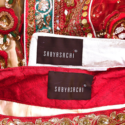 Indian Heavy Red & Beige Mesh/Net Hand Embroidered Lehenga 2pcs Set By Designer Sabyasachi Bridal Wear