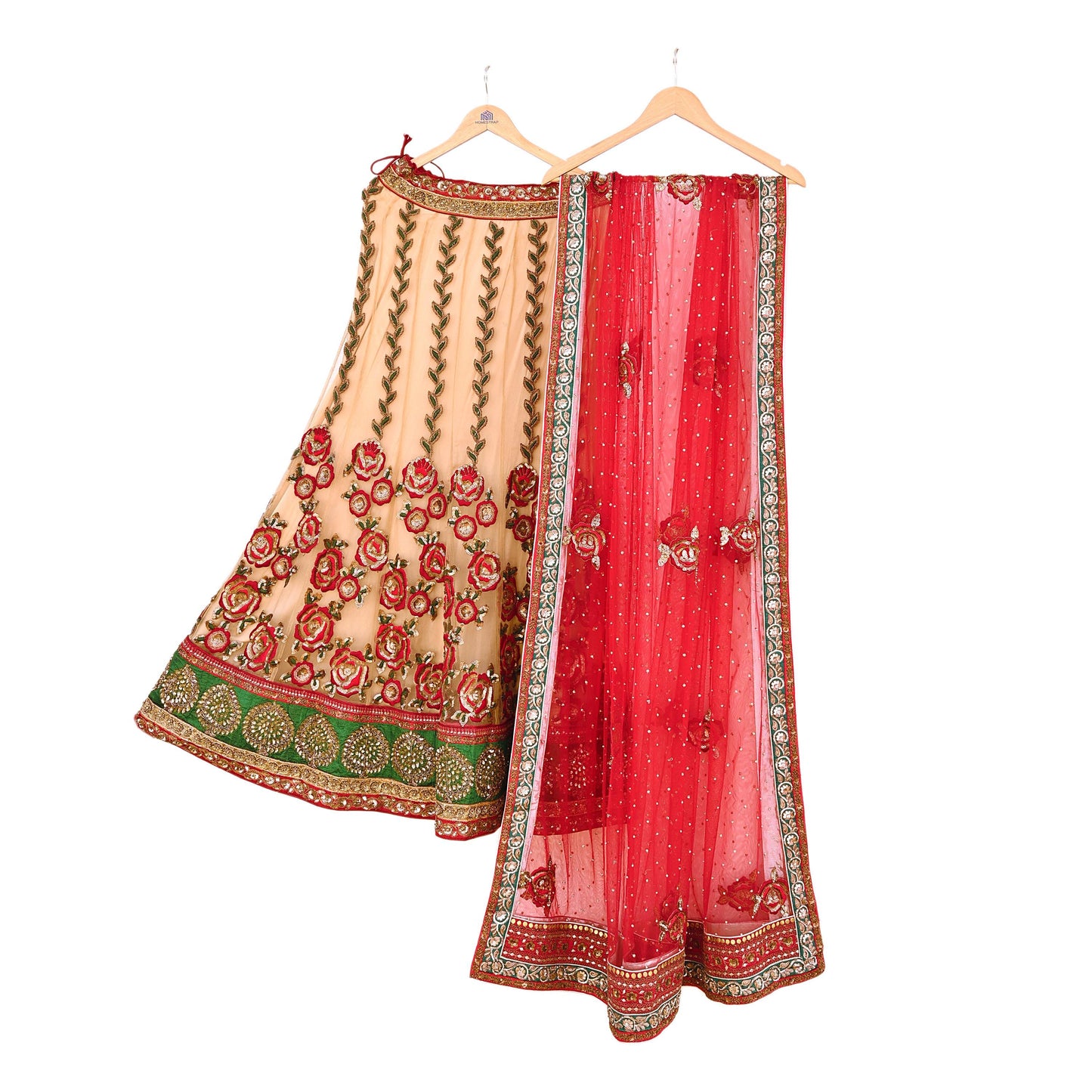 Indian Heavy Red & Beige Mesh/Net Hand Embroidered Lehenga 2pcs Set By Designer Sabyasachi Bridal Wear